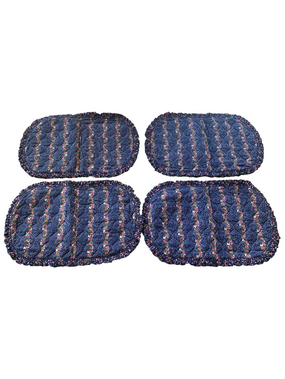 Vintage 80s Set of 4 Navy Floral Placemats Quilted Ruffle Reversible Cottagecore